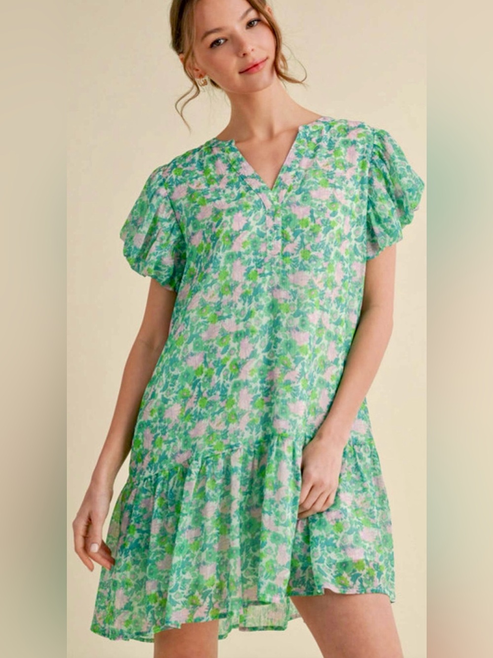 entro Green & Pink Floral V-Neck Ruffle Sleeve Tunic Dress
